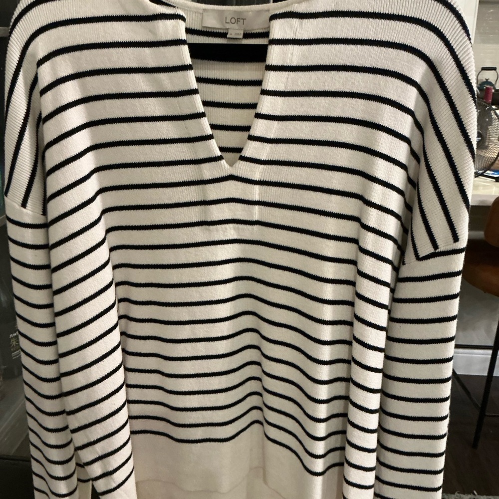 LOFT White and Black Striped V‑Neck Sweater